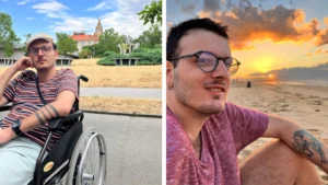 La nostra storia – L'impegno di Asociația Haide Gabriele per dignità e inclusione Due uomini sorridenti al mare, momento significativo della storia di Asociația Haide Gabriele per dignità e inclusione